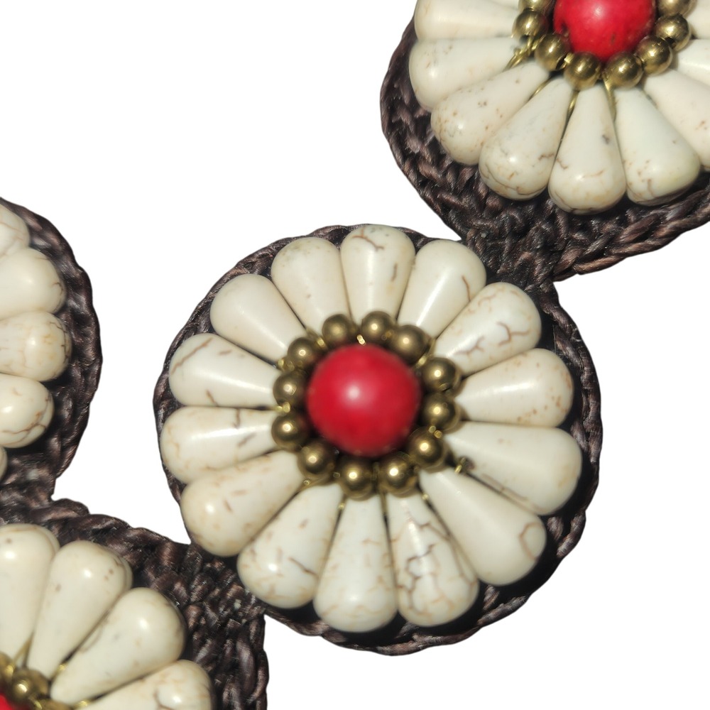 Boho Floral Bib Necklace White Faux Turquoise Red Bead Crochet Braided Cord 22in